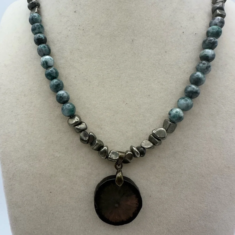 Pyrite and Jade Beaded Necklace with Pyrite Sun Pendant